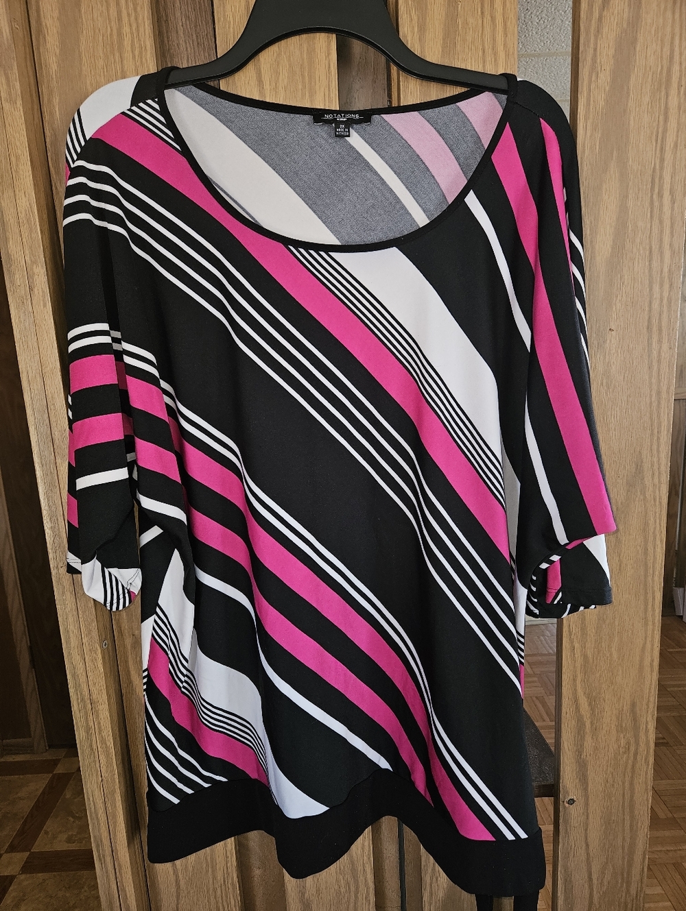 Notations 3X Shirt Top Black Striped Short Sleeve Scoop Neck Stretch Casual